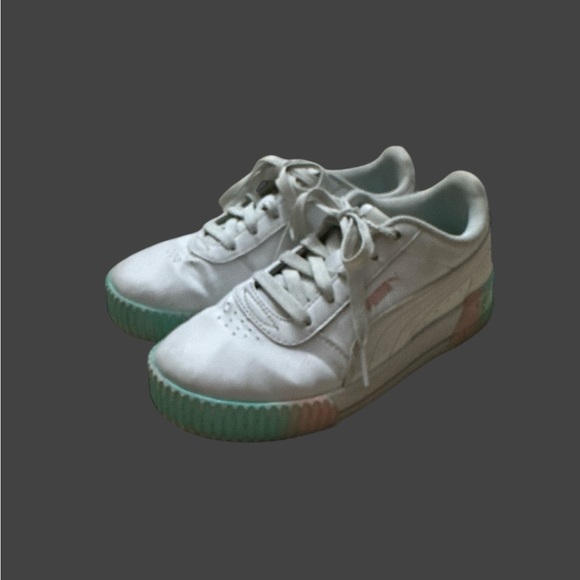 GUC Kid’s Puma White + Pink + Green Leather Sneakers with Colorful Soles Size 3 - Picture 1 of 5